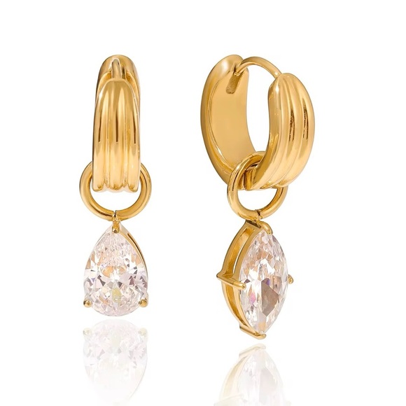 18K Gold Plated Teardrop & Marquise Asymmetrical CZ Hoop Earrings - Picture 2 of 6